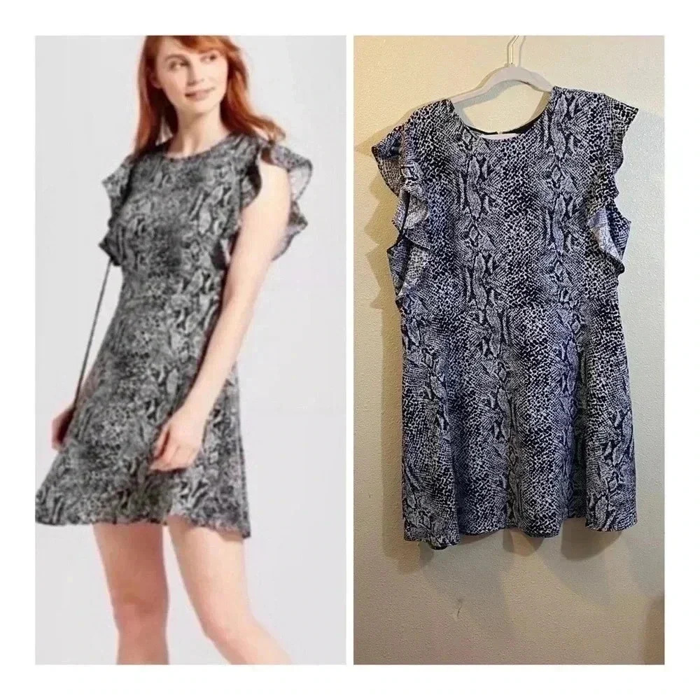 Who What Wear Size XXL Black Ruffle Sleeve Dress Snakeprint Sleeveless Zipper